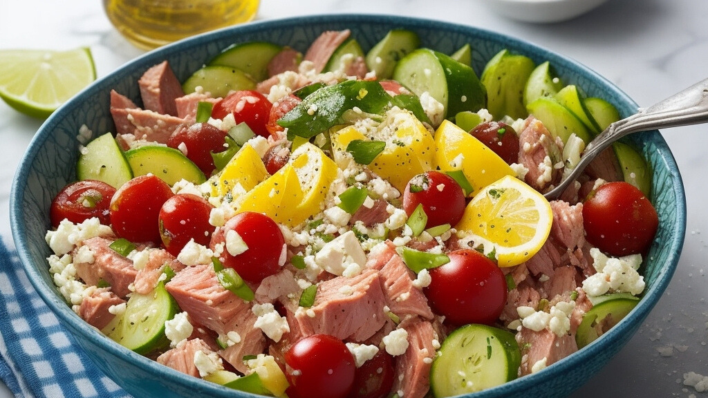 A receita "Salada Mediterrânea com Atum é um exemplo perfeito da fusão harmoniosa da Dieta Mediterrânea com a Low Carb. Combina ingredientes ricos em nutrientes e baixos em carboidratos.