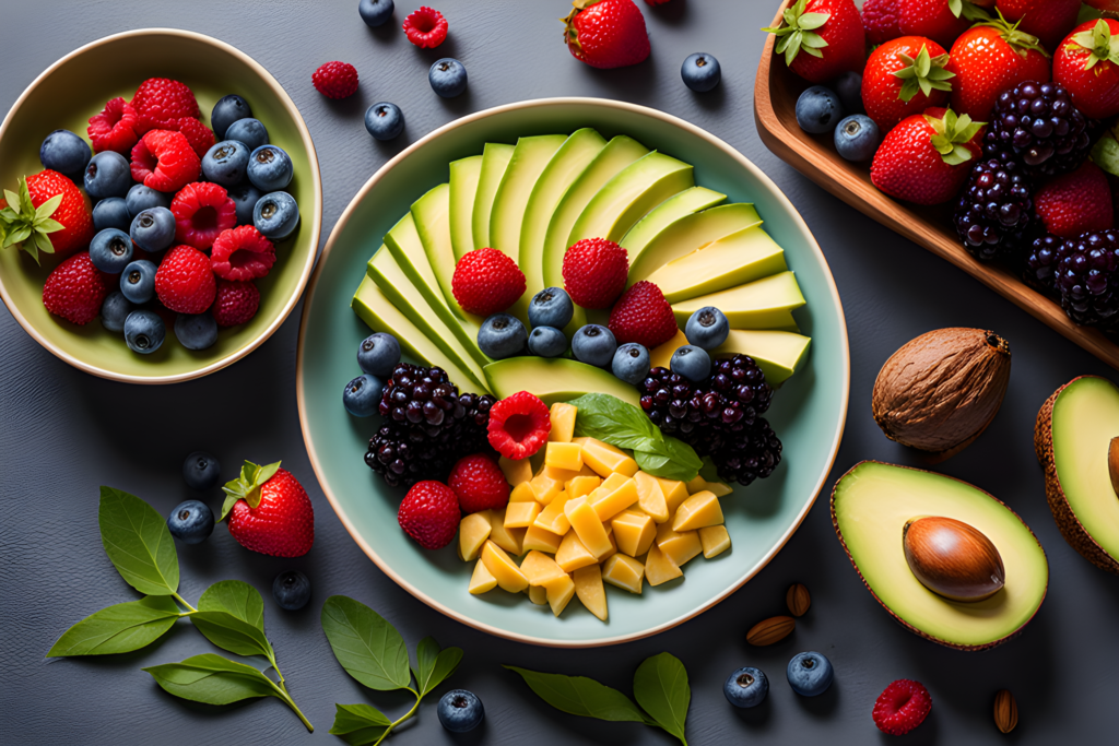 Alimentos saudáveis para o cérebro, incluindo abacates, nozes e frutas vermelhas.